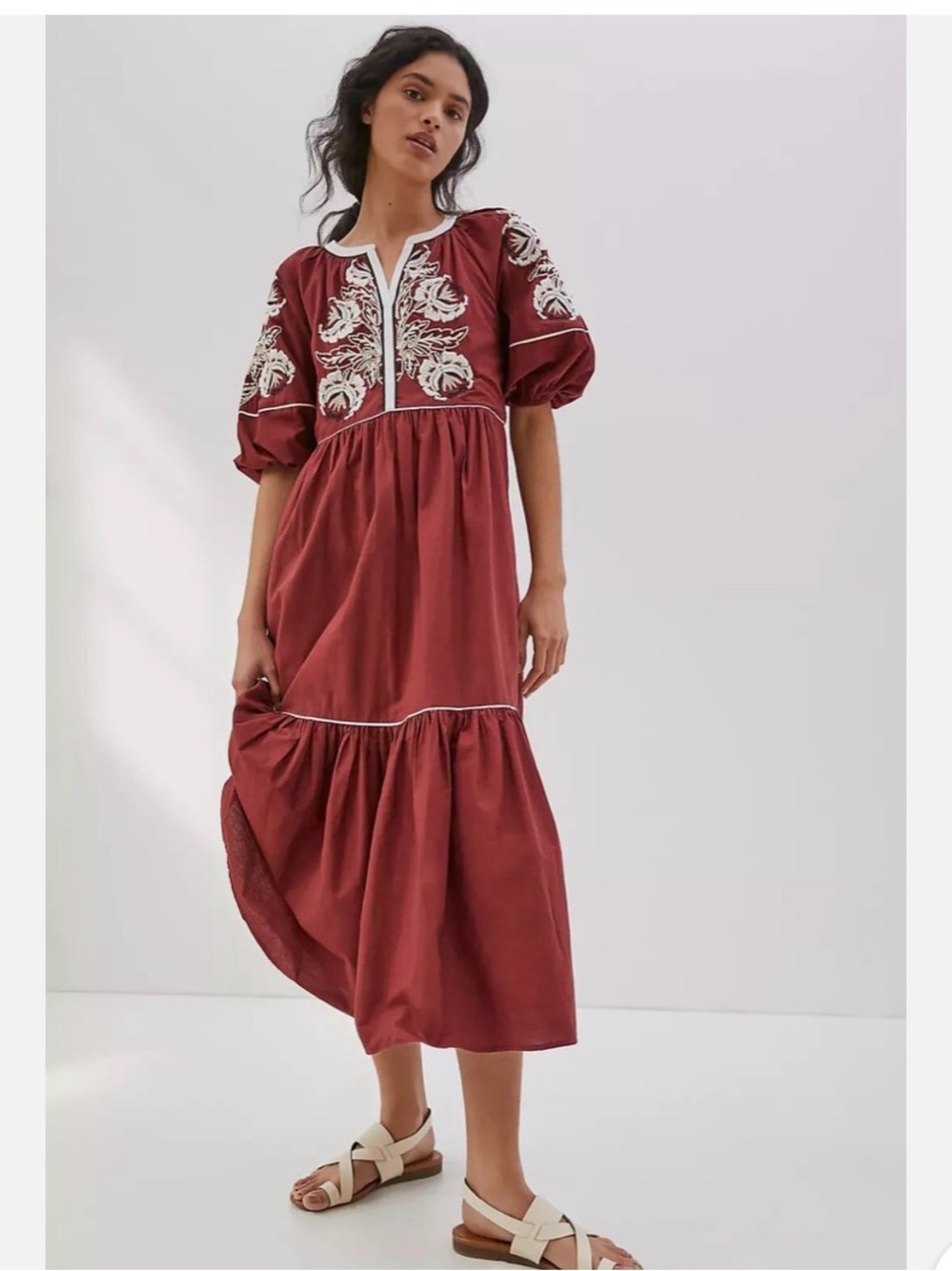 Anthropologie Rust Red Embroidered Maxi Dress